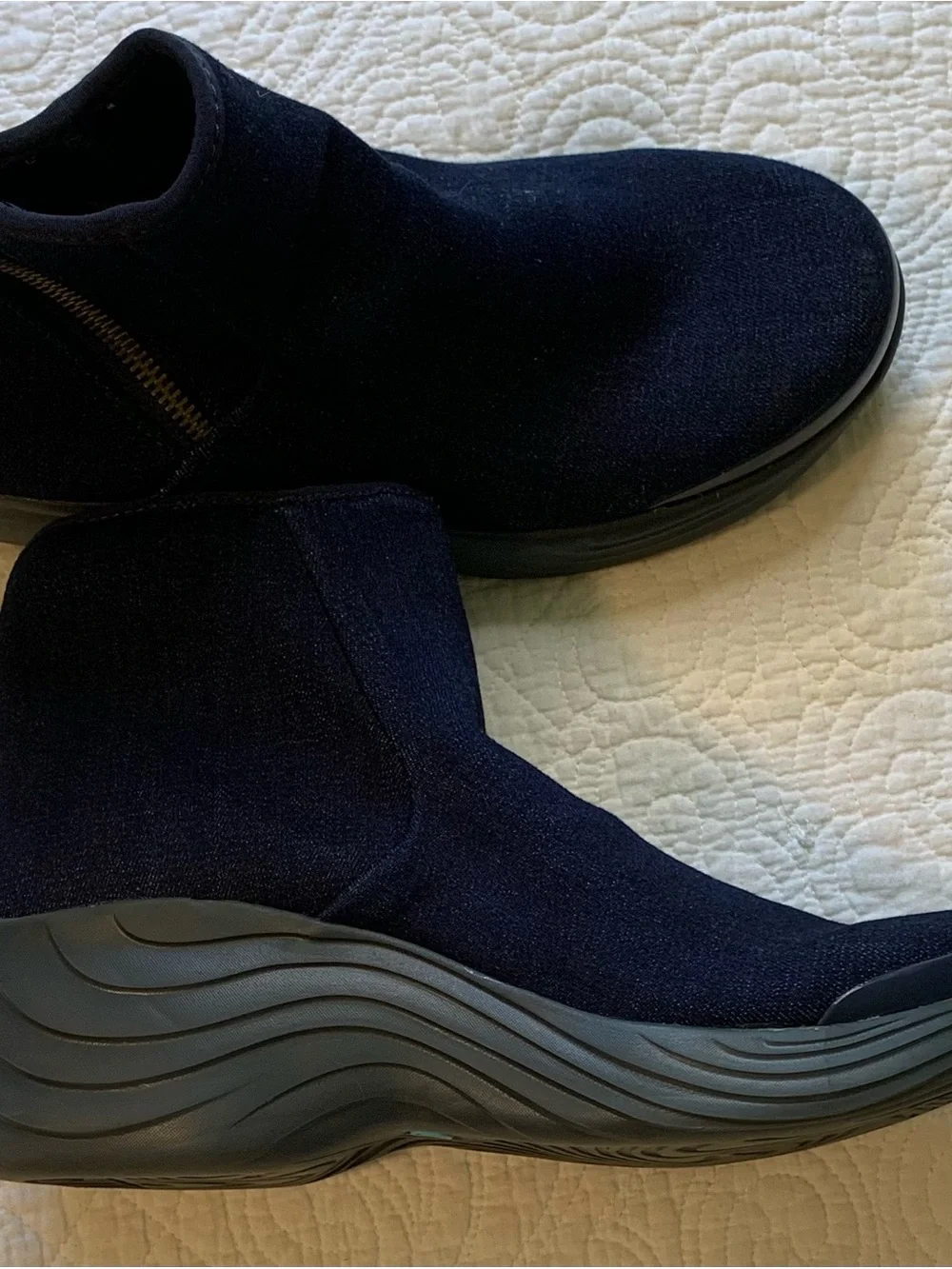 Bzees Zora Wedge Boots in Navy Denim with Rounded Toe Box Mud Guard